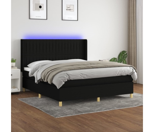 vidaXL Cama box spring colchón y luces LED tela negro 160x200 cm