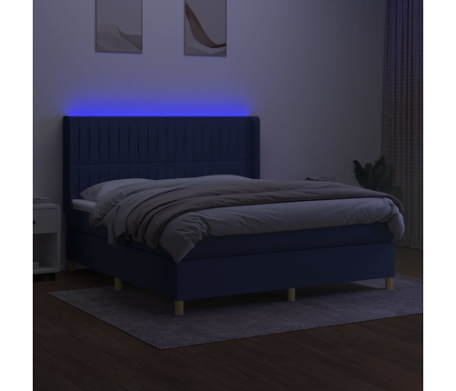 Cama box spring colchón y luces LED tela azul 160x200 cm