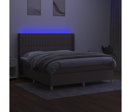 Cama box spring colchón y luces LED tela gris taupe 180x200 cm