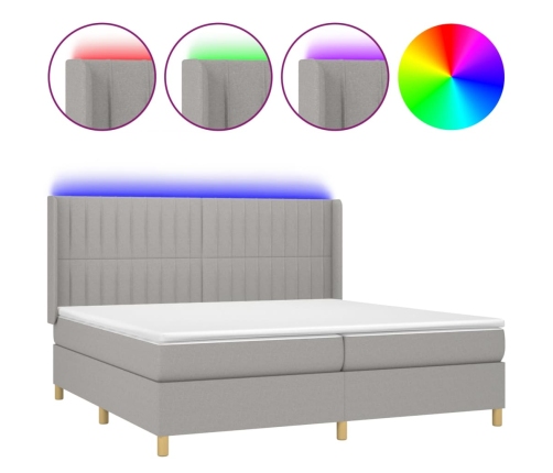 Cama box spring con colchón tela y LED gris claro 200x200 cm