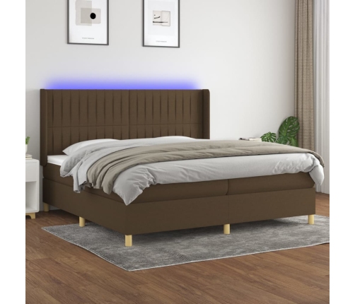 Cama box spring colchón luces LED tela marrón oscuro 200x200 cm