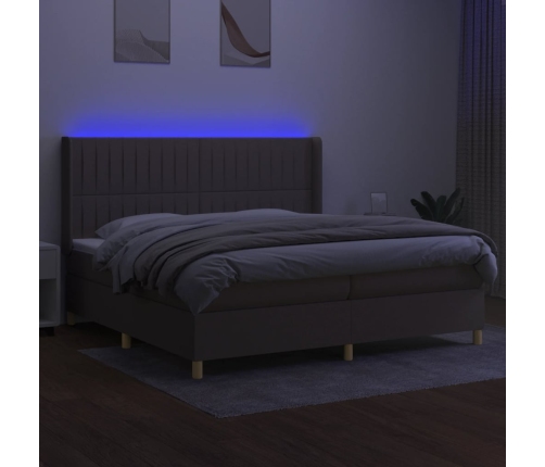 Cama box spring colchón y luces LED tela gris taupe 200x200 cm