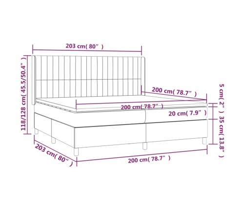 Cama box spring colchón y luces LED tela gris taupe 200x200 cm