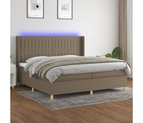 Cama box spring colchón y luces LED tela gris taupe 200x200 cm