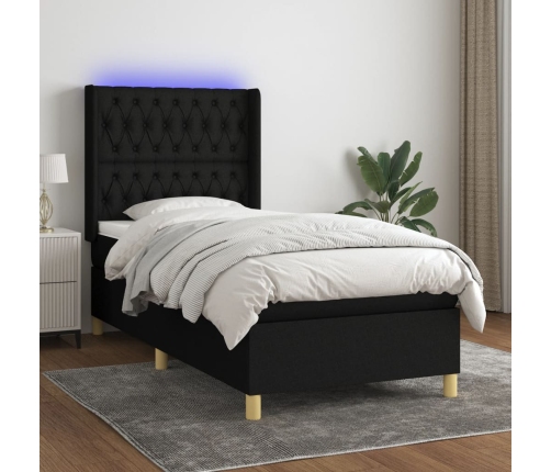 vidaXL Cama box spring colchón y luces LED tela negro 90x190 cm