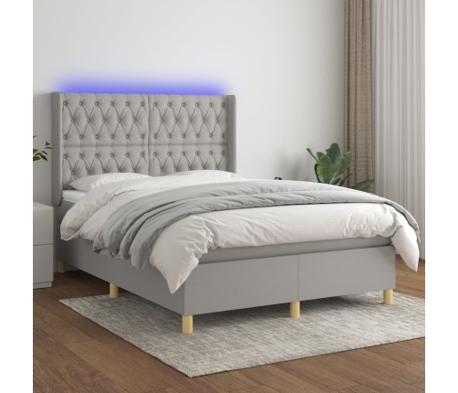 Cama box spring colchón y luces LED tela gris claro 140x190 cm