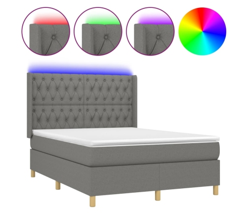 Cama box spring colchón y luces LED tela gris oscuro 140x190 cm