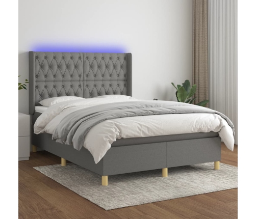 Cama box spring colchón y luces LED tela gris oscuro 140x190 cm