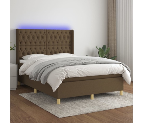 Cama box spring colchón luces LED tela marrón oscuro 140x190 cm