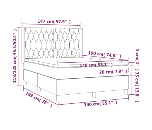 Cama box spring colchón y luces LED tela crema 140x190 cm