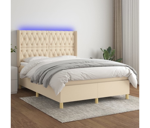 Cama box spring colchón y luces LED tela crema 140x190 cm