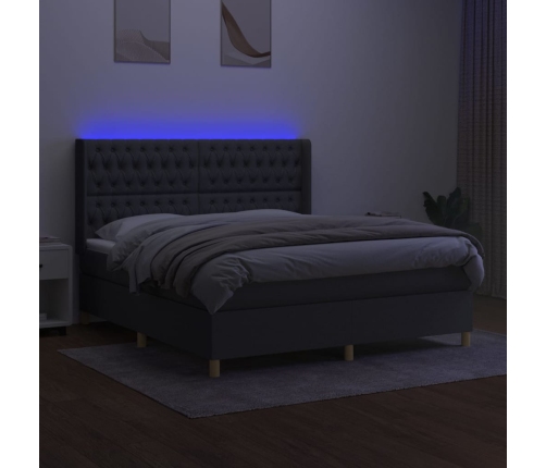 Cama box spring colchón y luces LED tela gris oscuro 160x200 cm