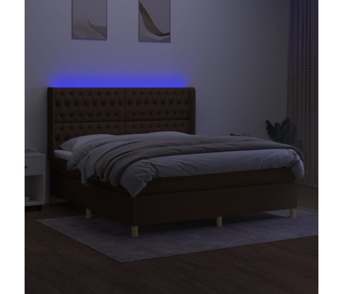 vidaXL Cama box spring colchón luces LED tela marrón oscuro 160x200cm