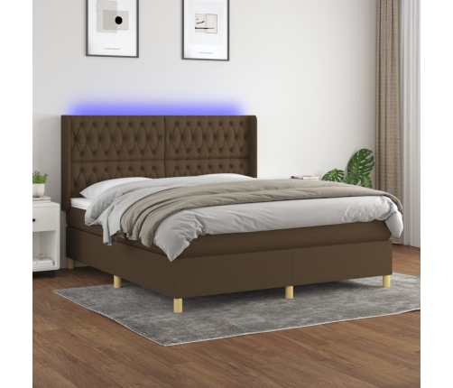 vidaXL Cama box spring colchón luces LED tela marrón oscuro 160x200cm