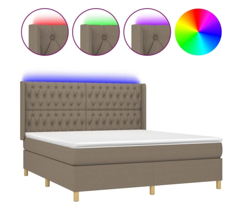 Cama box spring colchón y luces LED tela gris taupe 160x200 cm