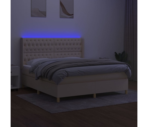 Cama box spring colchón y luces LED tela crema 180x200 cm