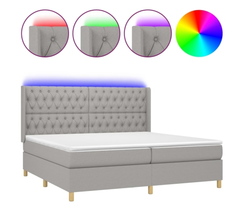 Cama box spring con colchón tela y LED gris claro 200x200 cm