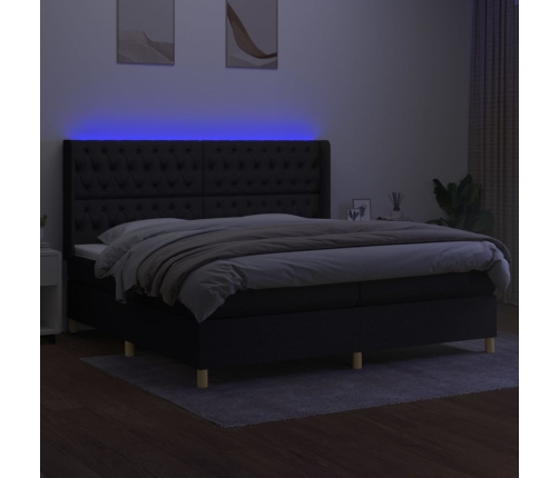 Cama box spring colchón y luces LED tela negro 200x200 cm