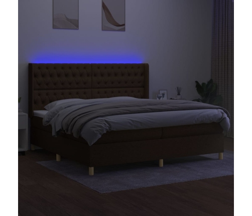 Cama box spring colchón luces LED tela marrón oscuro 200x200 cm