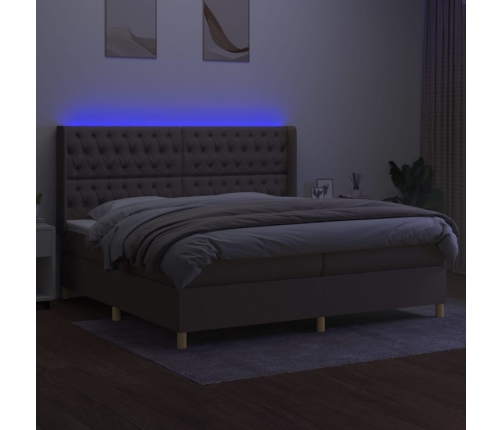 Cama box spring colchón y luces LED tela gris taupe 200x200 cm