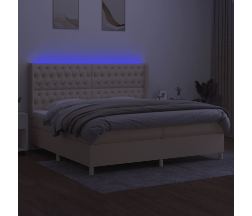 Cama box spring colchón y luces LED tela crema 200x200 cm