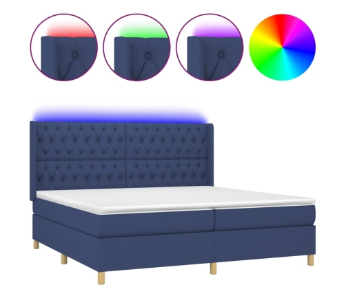 Cama box spring colchón y luces LED tela azul 200x200 cm