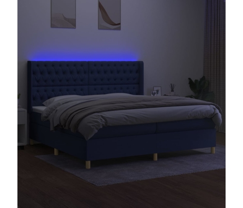 Cama box spring colchón y luces LED tela azul 200x200 cm