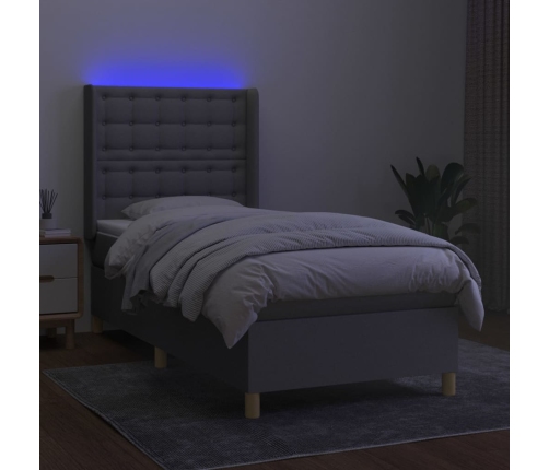 Cama box spring colchón y luces LED tela gris claro 90x190 cm