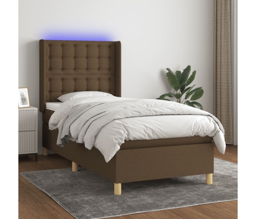 Cama box spring colchón y luces LED tela marrón oscuro 90x190cm