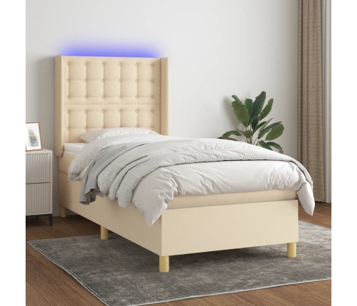 Cama box spring colchón y luces LED tela color crema 90x190 cm