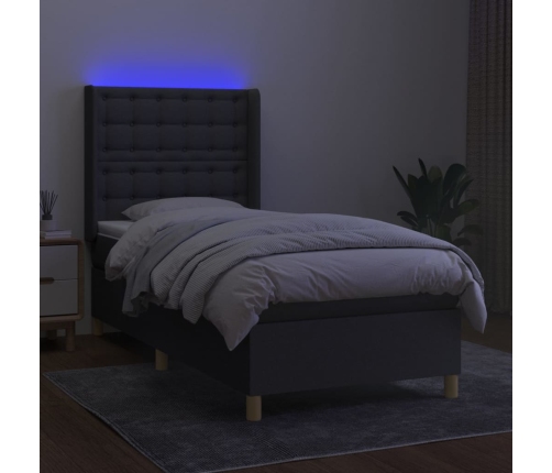 Cama box spring colchón y luces LED tela gris claro 100x200 cm