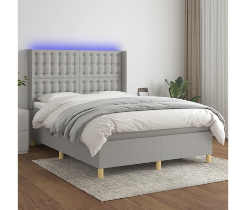 vidaXL Cama box spring colchón y luces LED tela gris claro 140x190 cm