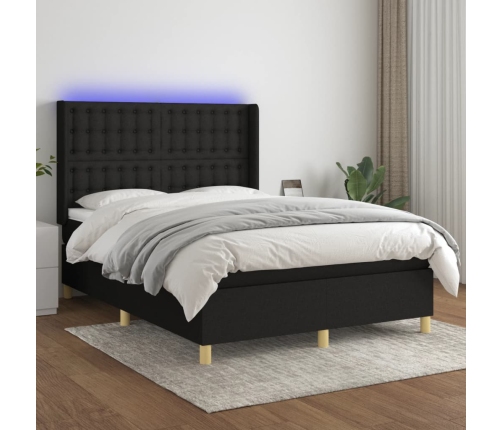 Cama box spring colchón y luces LED tela negro 140x200 cm