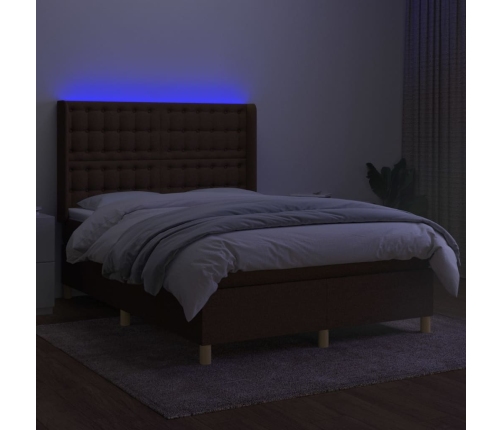 Cama box spring colchón luces LED tela marrón oscuro 140x200cm