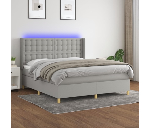 Cama box spring colchón y luces LED tela gris claro 160x200 cm