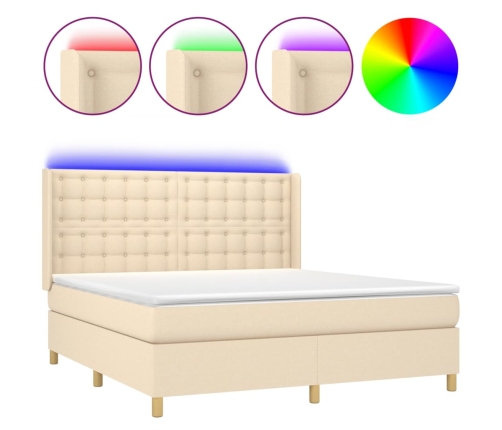 Cama box spring colchón y luces LED tela crema 160x200 cm