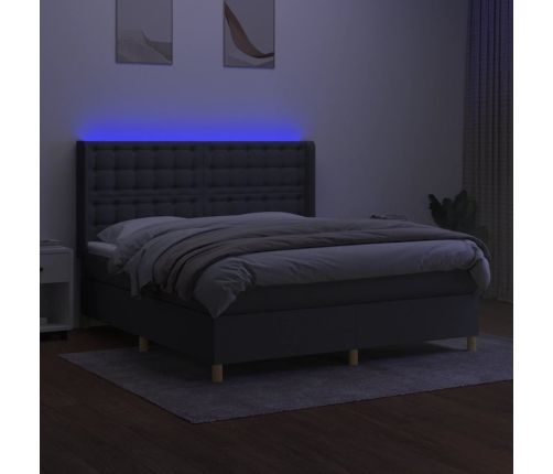 Cama box spring colchón y luces LED tela gris oscuro 180x200 cm