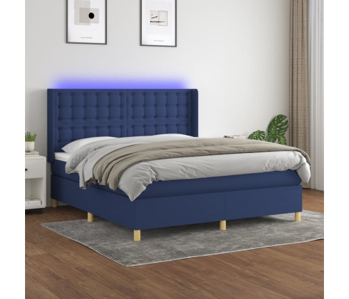 Cama box spring colchón y luces LED tela azul 180x200 cm