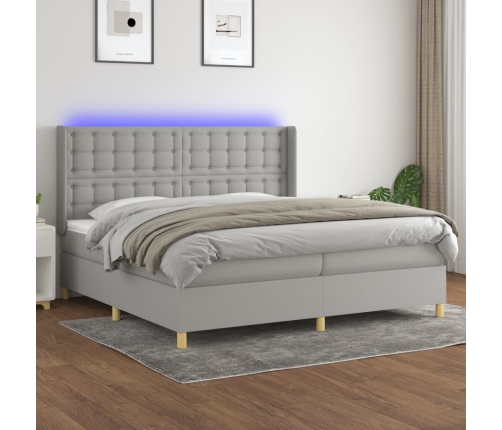 Cama box spring con colchón tela y LED gris claro 200x200 cm