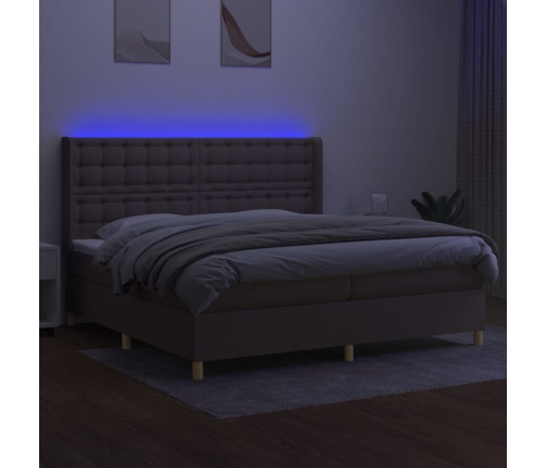 Cama box spring colchón y luces LED tela gris taupe 200x200 cm