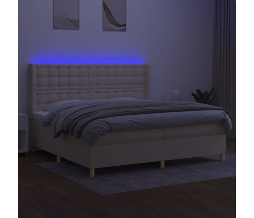 Cama box spring colchón y luces LED tela crema 200x200 cm