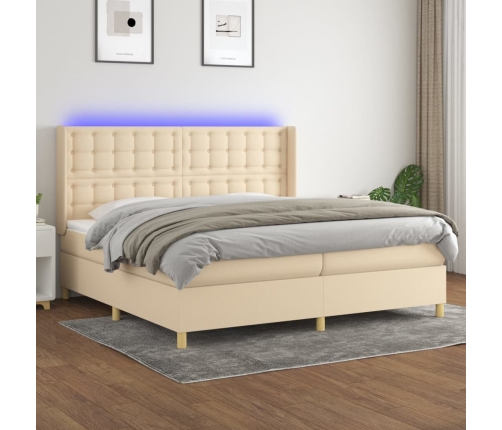 Cama box spring colchón y luces LED tela crema 200x200 cm