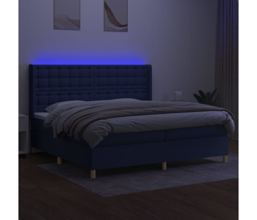 Cama box spring colchón y luces LED tela azul 200x200 cm