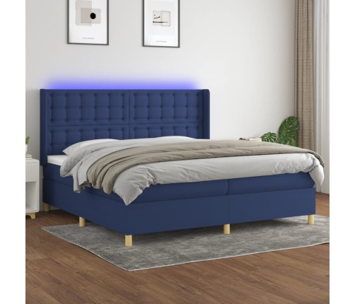 Cama box spring colchón y luces LED tela azul 200x200 cm