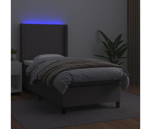 Cama box spring y colchón LED cuero sintético gris 80x200 cm