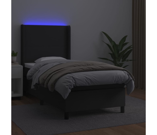 Cama box spring y colchón LED cuero sintético negro 90x190 cm