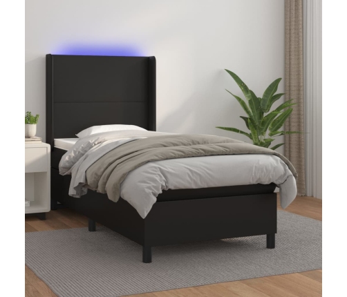 Cama box spring y colchón LED cuero sintético negro 90x190 cm