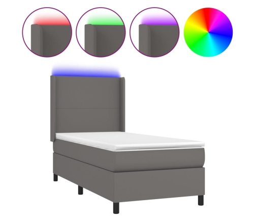Cama box spring y colchón LED cuero sintético gris 90x190 cm