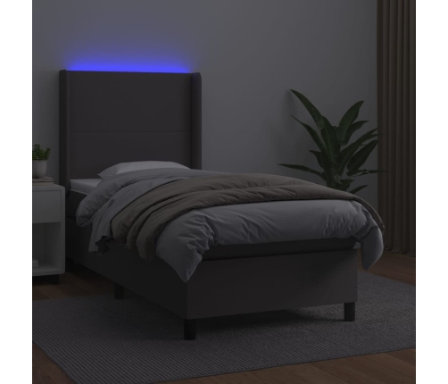 Cama box spring y colchón LED cuero sintético gris 90x200 cm