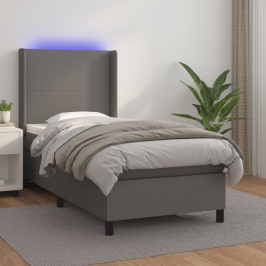 Cama box spring y colchón LED cuero sintético gris 90x200 cm